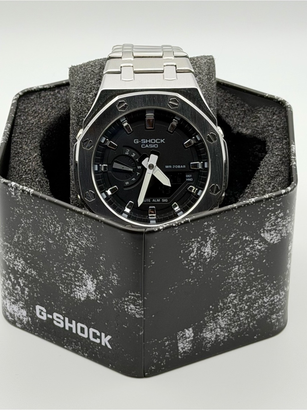 Casio G-Shock custom modded Silver Stainless Steel Watch with Black Dial